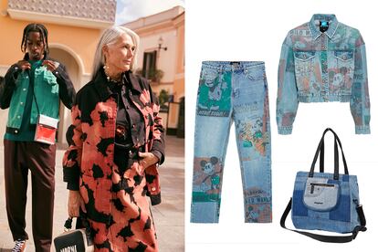 A la izquierda, ella lleva total look de Marni. A la derecha, pantalones vaqueros, chaqueta denim y bolso, todo de Desigual. Disponibles en Las Rozas Village y La Roca Village.