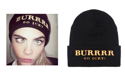 Cara es una asidua de la firma Brian Lichtenberg. En este caso, luce un "beanie" parodiando a Burberry (39 euros).