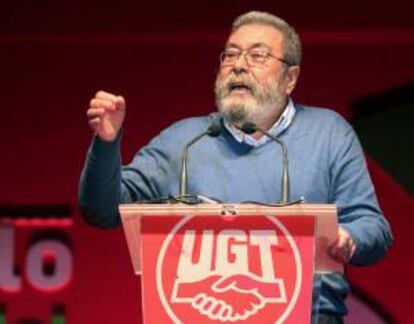 El secretario general de UGT, Cándido Méndez, durante su intervención en la clausura de la asamblea general consultiva del sindicato, hoy en el Pabellón multiusos de la Casa de Campo de Madrid.