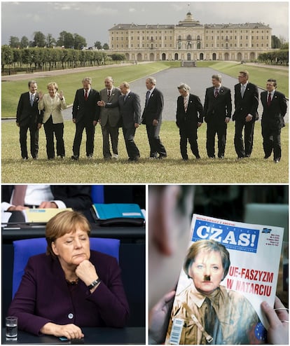 Merkel, rodeada de homens na cúpula do g-9 em San Petersburgo, em 2006. E, abaixo, aparentemente adormecida em dezembro, no Parlamento alemão. E na capa de uma revista polonesa retratada com uma caricatura, em 2007. 