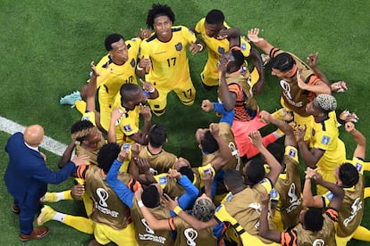 Celebración del primer gol, anulado por el VAR, de los jugadores de la selección de Ecuador.