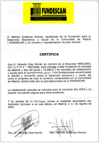 Certificado de una donación hecha por el expresidente de la CEOE, Gerardo Díaz Ferrán, a la fundación del PP, Fundescam. Con esta fundación se pagaron también actos electorales, según los papeles de Bárcenas.