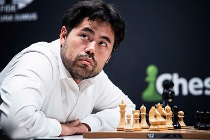 Nakamura durante su partida con Caruana este domingo en el Palacio de Santoña de Madrid