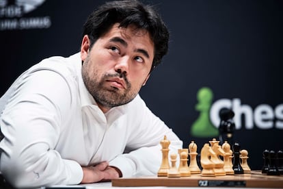 Nakamura durante su partida con Caruana este domingo en el Palacio de Santoña de Madrid