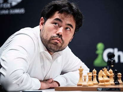 Nakamura durante su partida con Caruana este domingo en el Palacio de Santoña de Madrid