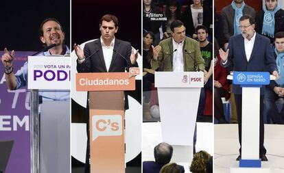 Da esq. para a dir.: Pablo Iglesias (Podemos); Albert Rivera (Ciudadanos); Pedro Sanchez (PSOE) e o premi&ecirc; Mariano Rajoy (PP). 