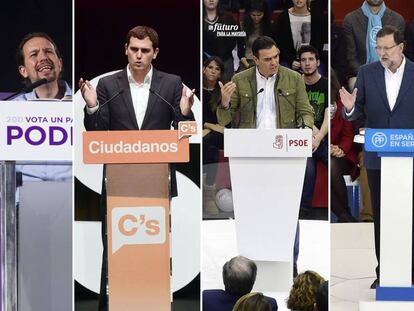 Da esq. para a dir.: Pablo Iglesias (Podemos); Albert Rivera (Ciudadanos); Pedro Sanchez (PSOE) e o premi&ecirc; Mariano Rajoy (PP). 