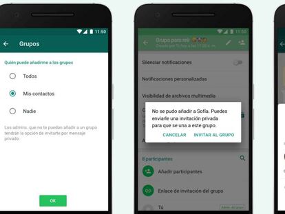 Diálogo de WhatsApp para limitar la incorporación de usuarios a grupos.