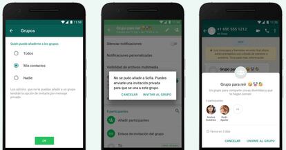 Diálogo de WhatsApp para limitar la incorporación de usuarios a grupos.