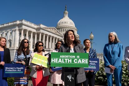 Lawmakers demonstrating in favor of abortion in front of the Capitol on April 19.