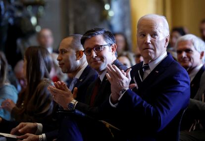 U.S. President Joe Biden, U.S. House of Representatives Democratic leader Hakeem Jeffries (D-NY) and U.S. House Speaker Mike Johnson (R-LA) attend the annual National Prayer Breakfast at the U.S. Capitol in Washington, D.C.