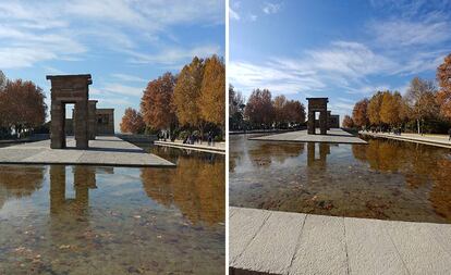 A la izquierda, fotografía del Templo de Debod (Madrid) realizada con el LG V30 con sensor angular normal. A la derecha, imagen tomada con el sensor gran angular.