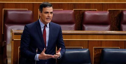 El presidente del Gobierno, Pedro Sánchez, durante su intervención en el debate en el Congreso de la quinta prórroga del estado de alarma.