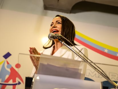María Corina Machado speaks after receiving the document, signed by the Members of the National Primary Commission, which proclaimed her the winner of the internal opposition elections.