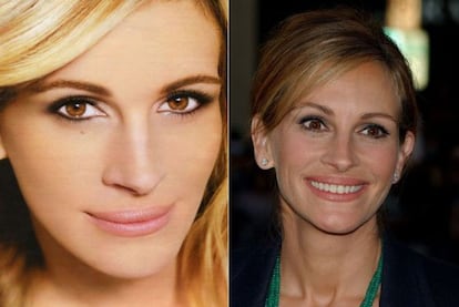 Julia Roberts en el anuncio retirado (a la izquierda) y ese mismo a&ntilde;o. Los retoques quitan arrugas y hasta ponen dientes