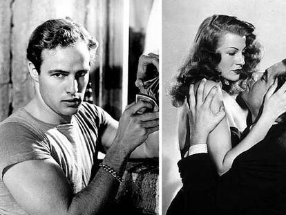 Marlon Brando, en <i>Un tranvía llamado deseo,</i> de Elia Kazan (a la izquierda); y Rita Hayworth y Glenn Ford, en <i>Gilda,</i> de Charles Vidor.