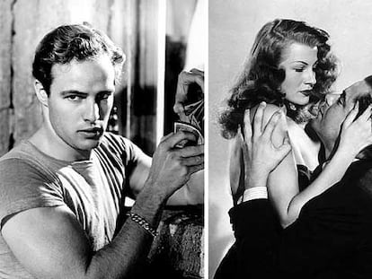 Marlon Brando, en <i>Un tranvía llamado deseo,</i> de Elia Kazan (a la izquierda); y Rita Hayworth y Glenn Ford, en <i>Gilda,</i> de Charles Vidor.