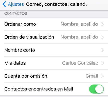 Para ayudarte a configurar tus contactos y el calendario, en los Ajustes puedes seleccionar la opción "Contactos encontrados en Mail". De esta forma, iOS 9 es capaz de tomar información de tus mensajes de correo electrónico de forma inteligente.