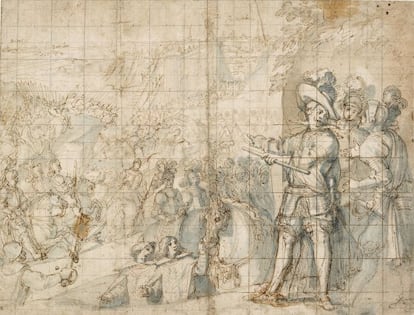 'La expugnación de Rheinfelden'. Vicente Carducho. Pluma y tinta parda, aguadas de tintas azulada y parda, sobre lápiz negro (1634) .