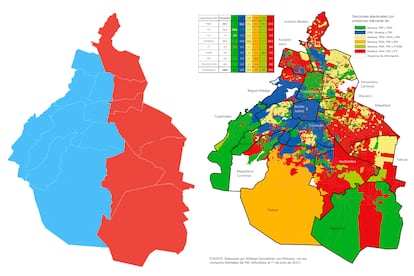 A la izquierda, el mapa de Ciudad de México que se viralizó tras las elecciones. A la derecha, el elaborado por el investigador Willibald Sonnleitner.