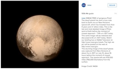 Imagen del planeta Plutón difundida por la NASA a través de Instagram.