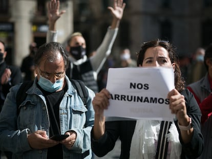 Protesta de hosteleros en Barcelona, este miércoles.