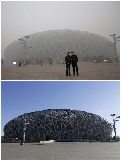 A combination photo shows people visiting the National Stadium, or the Bird's Nest, on a smoggy day on December 1, 2015 (top), and on a sunny day on December 2, 2015 (bottom), after a fresh cold front cleared the smog that was blanketing Beijing, China. REUTERS/Kim Kyung-Hoon (top) and Jason Lee (bottom) 