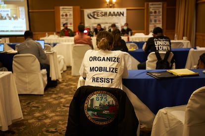 Miembros del Sindicato Internacional asisten a una conferencia de prensa durante la votación sindical de General Motors en Silao, Estado de Guanajuato, el miércoles 2 de febrero de 2022.