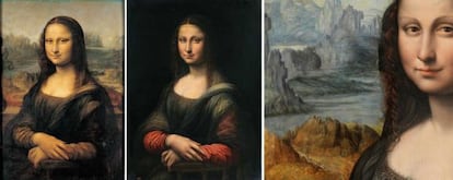 A la izquierda la Gioconda del Louvre. En el centro, la copia como se encontraba en el Prado. A la derecha, un detalle de la restauraci&oacute;n