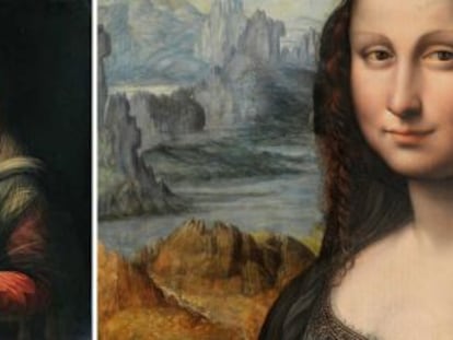 A la izquierda la Gioconda del Louvre. En el centro, la copia como se encontraba en el Prado. A la derecha, un detalle de la restauraci&oacute;n