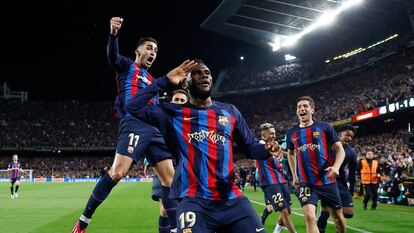 FC Barcelona's Franck Kessie celebrates scoring their second goal.