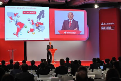 Intervención del presidente del Banco Santander, Emilio Botín, ayer en el Investor Day.