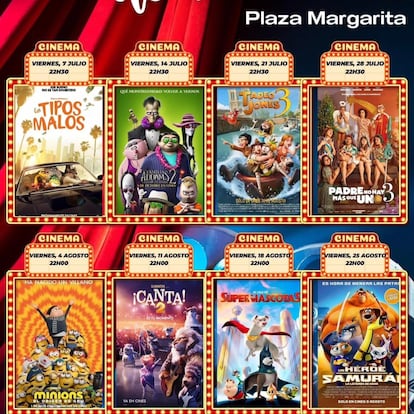 Cartel de la nueva programación de cine de verano de Santa Cruz de Bezana, sin 'Lightyear', sustituida por 'Los tipos malos'.