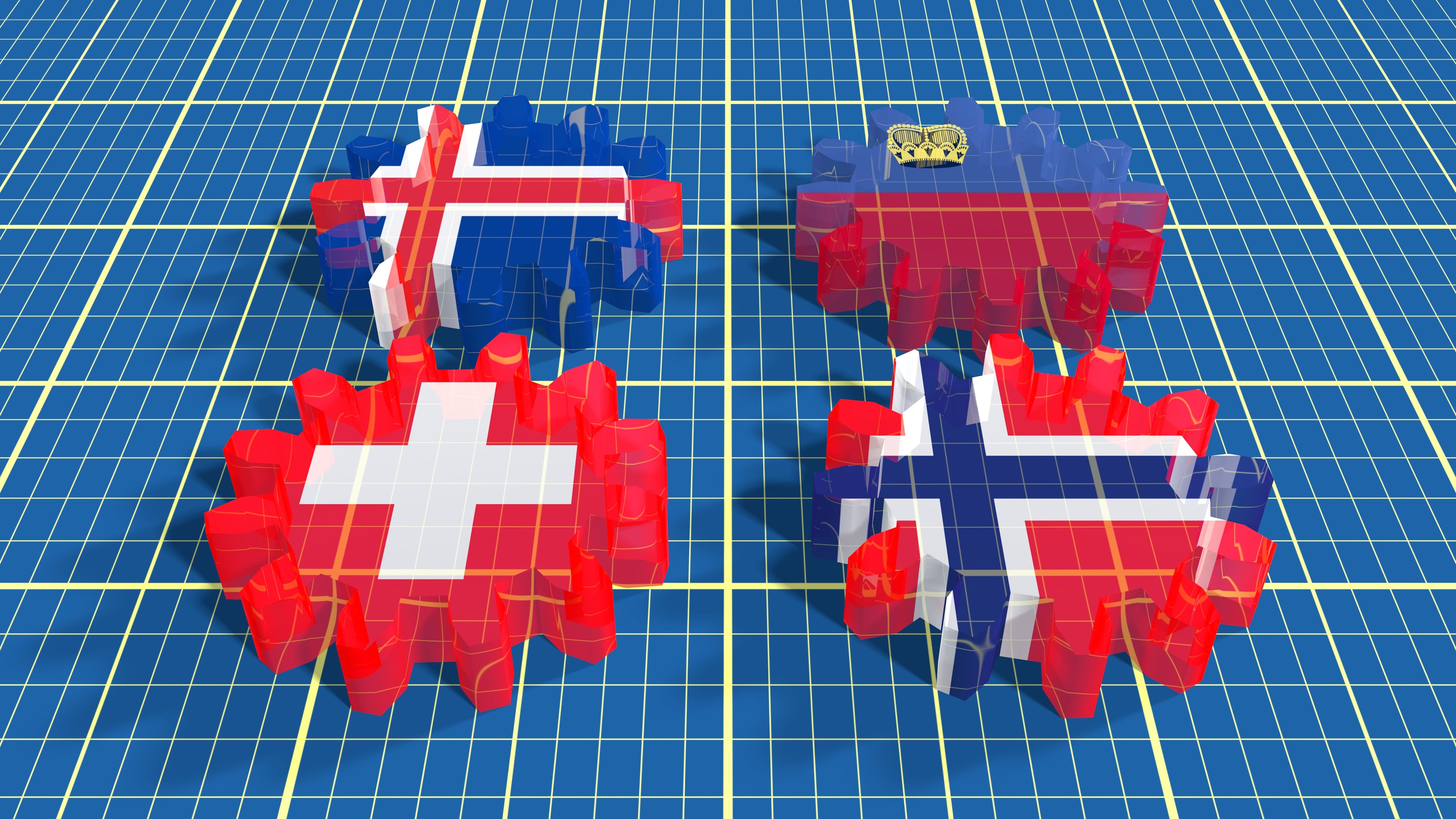 Banderas de los países miembros de la Asociación Europea de Libre Comercio (Islandia, Liechtenstein, Suiza y Noruega)