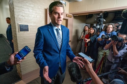 Matt Gaetz addresses the media on Tuesday morning. 
