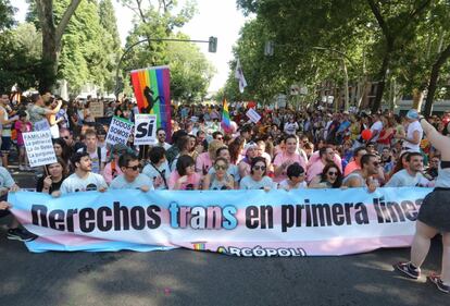 Pancarta por los derechos trans en la manifestación de Madrid.