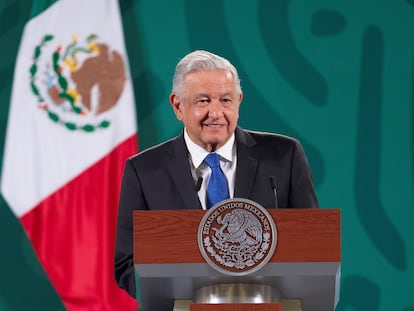 Andrés Manuel López Obrador durante su rueda de prensa matutina, en Palacio Nacional, este miércoles