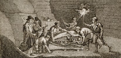 A public domain image of an engraving recreating the discovery of the fossil in 1778.