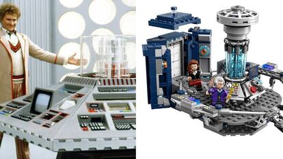 A la derecha, la sala de la consola de la TARDIS de Lego Ideas, la nave espacio-temporal en la que el Doctor Who viaja al pasado y el futuro en la serie.