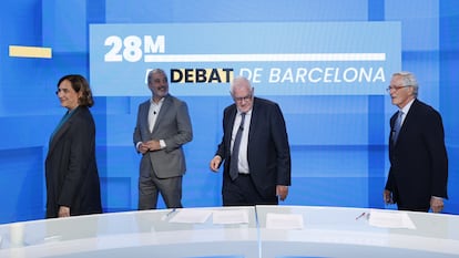 Los candidatos a la alcaldía de Barcelona Ada Colau (Barcelona en Comú), Jaume Collboni (PSC), Ernest Maragall (ERC) y Xavier Trias (Trias per Barcelona), este martes durante el debate en Barcelona.