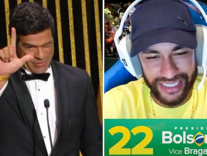 A la izquierda, Raí muestra su apoyo a Lula durante la entrega del Balón de Oro, el 17 de octubre. A la derecha, Neymar, durante una transmisión en línea, el 22 de octubre.