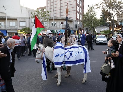A donkey is dressed with Israeli flags during a celebration following Iran's attack on Israel, at the Palestine square, in Teheran, Iran, 15 April 2024.