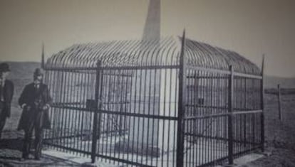 A 19th century engraving of the obelisk at Tijuana marking the border between the United States and Mexico.