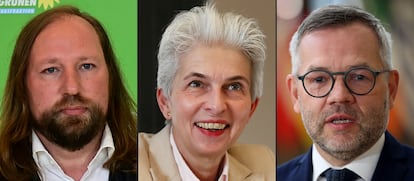 Los tres parlamentarios alemanes que han visitado Lviv el 12 de abril. De izquierda a derecha, Anton Hofreiter, de Los Verdes; Marie-Agnes Strack-Zimmermann, del partido liberal; y el socialdemócrata y ministro de Asuntos Europeos, Michael Roth.