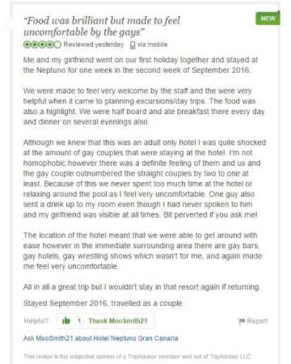 El comentario del usuario de Tripadvisor que luego se borró. El título es: "La comida fue genial, pero los gais me hicieron sentir incómodo".