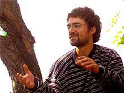 Uno de los activistas de Alameda Viva, ayer, en un árbol.