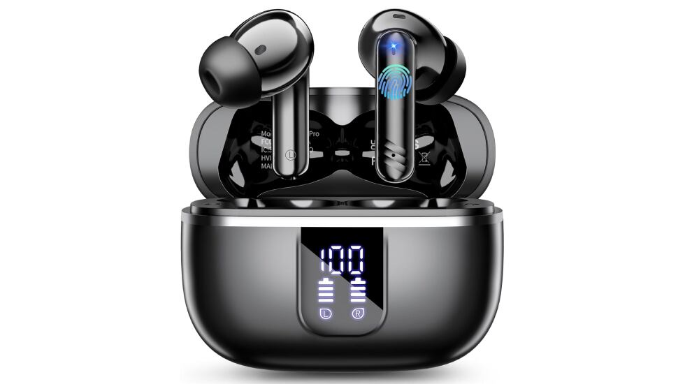 Auriculares inalámbricos con panel led e impermeables.