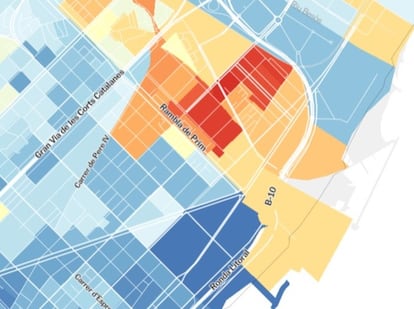 Renta por secciones censales en el barrio del Besòs-Maresme (Sant Martí) y su entorno. En rojo, las secciones más pobres; en azul oscuro, las más ricas. En la imagen se pueden observar los saltos de renta entre las zonas centrales y Diagonal Mar.