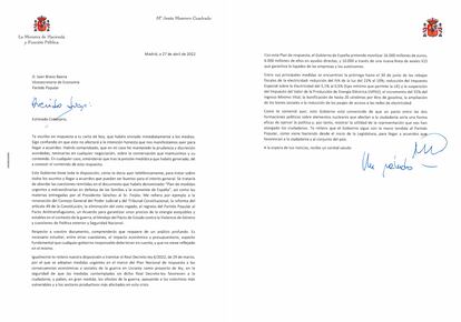 Carta de la ministra de Hacienda, María Jesús Montero, en respuesta a la del responsable económico del PP.