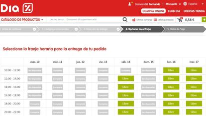 El servicio online de compra a domicilio de Día también muestra desde este martes las franjas horarias al completo hasta la semana que viene.